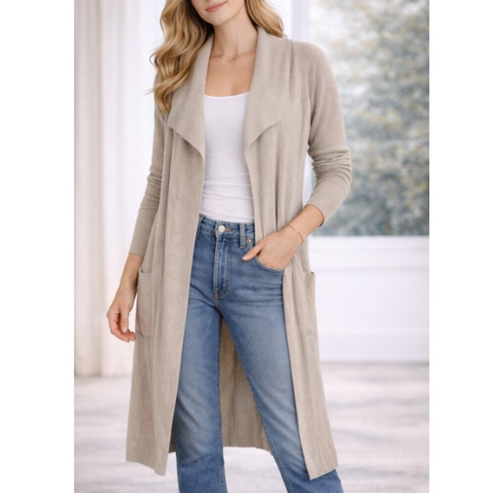 Barefoot Dreams Beige CozyChic Ultra Lite Wide Collar Long Cardigan Size L